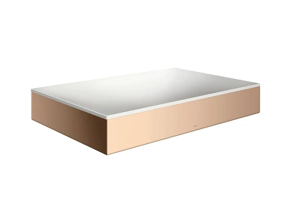 Aufsatzwaschtisch in rosegoldener Ausführung, rechteckig, ohne Hahnloch und Überlauf, mit einer glatten, polierten Oberfläche. Marke AXOR.